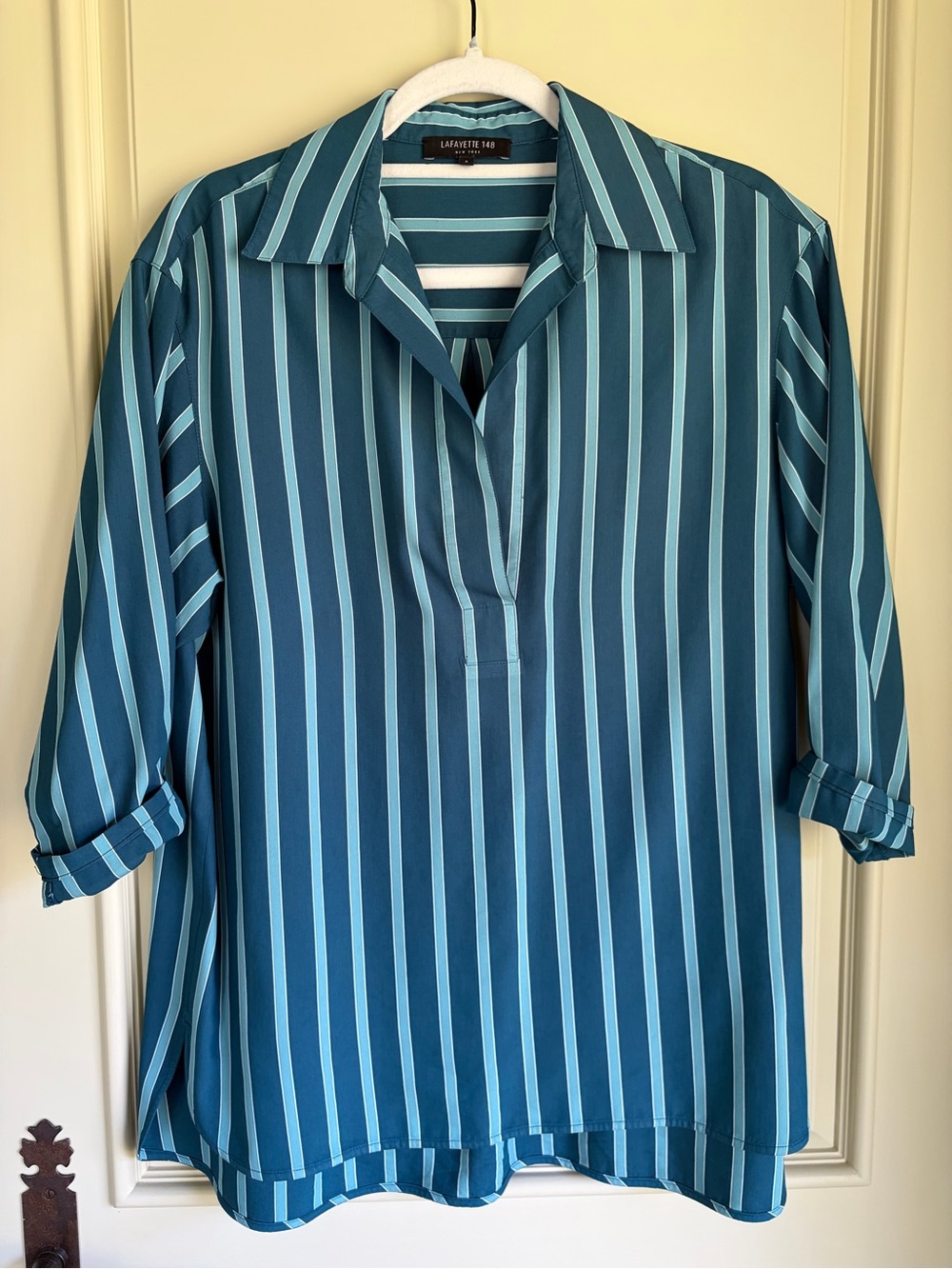 Lafayette 148 New York Beckett Teal and Light Blue Striped Tunic Small